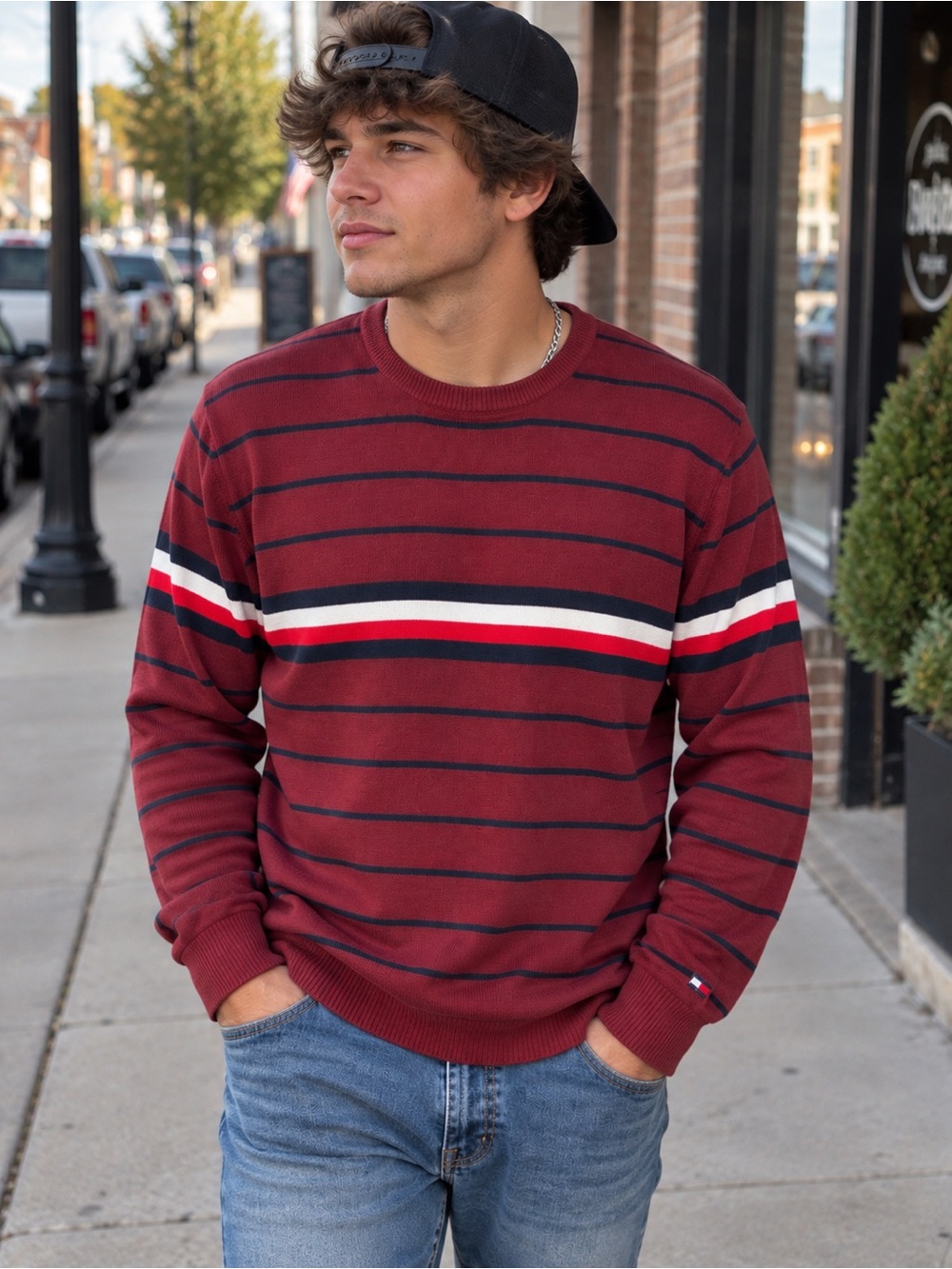 Tommy Hilfiger Burgundy Crewneck Sweater with Navy & White Stripes